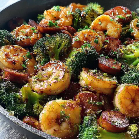 A pan of Honey Garlic Shrimp, Sausage and Broccoli.