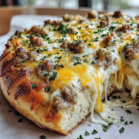 A slice of sausage gravy biscuit breakfast pizza.