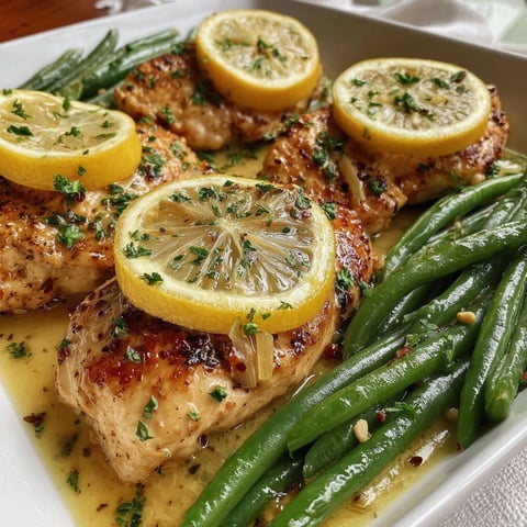 A plate of chicken and green beans with lemon and garlic butter.