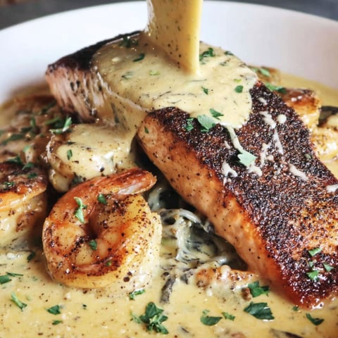 A dish of blackened salmon with shrimp cream sauce.