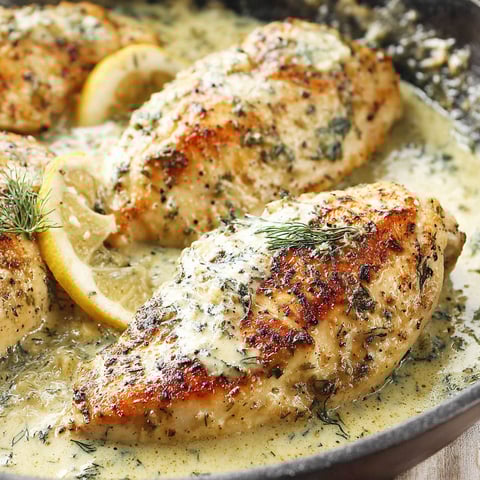 Chicken with lemon and garlic in a creamy sauce.