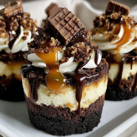 Loaded brownie cheesecake cups with chocolate drizzle.