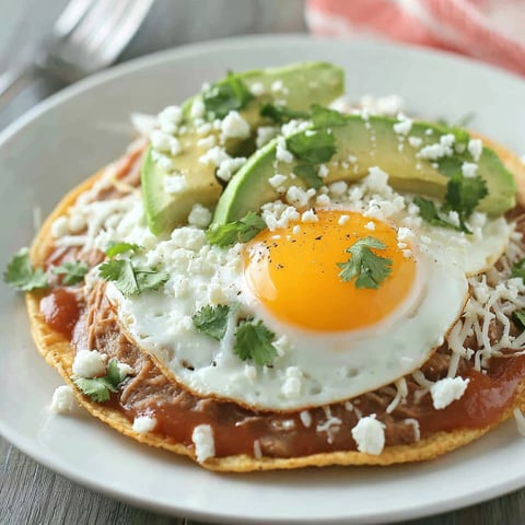 A breakfast tostada with eggs, avocado, and salsa.