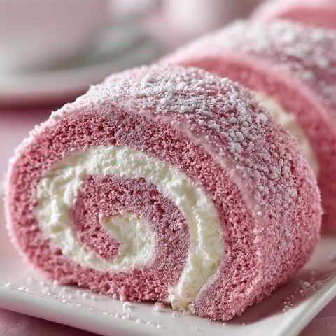 A pink velvet cake roll with cream cheese filling.