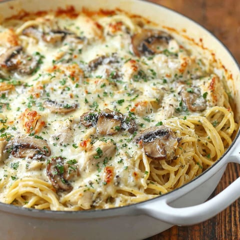 A delicious chicken tetrazzini dish with mushrooms and cheese.