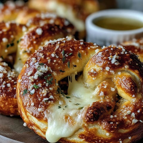 Mozzarella stuffed soft pretzels on a plate.