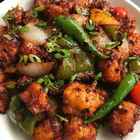 A plate of chili chicken dry with green peppers and onions.