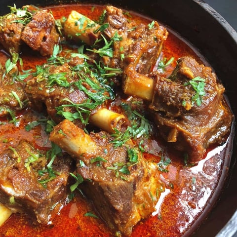 A close up of a pot of mutton masala.