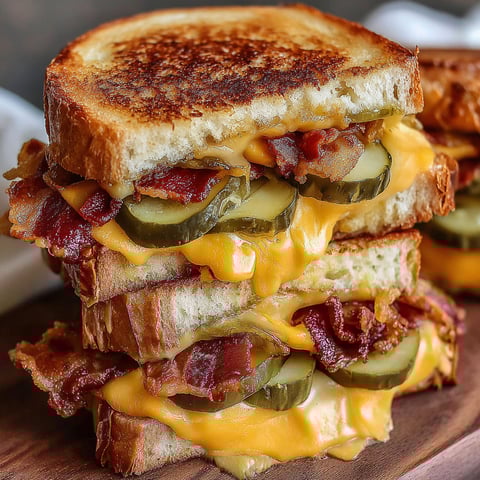 A stack of grilled cheese sandwiches with bacon and pickles.