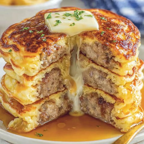 A stack of sausage dipped pancakes.
