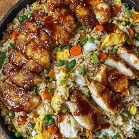 A plate of bang bang chicken fried rice.