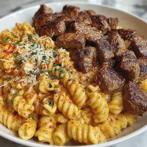 A plate of food with steak tips and pasta.