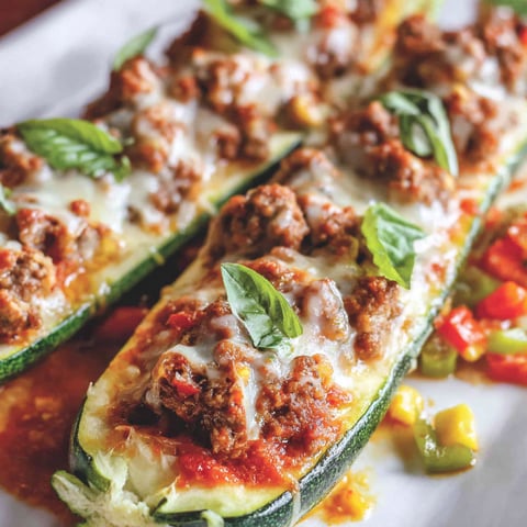 Italian sausage zucchini boats on a plate.
