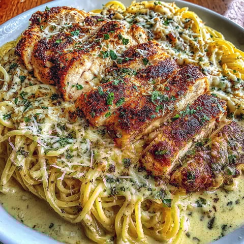 A plate of spaghetti with chicken and garlic Parmesan.