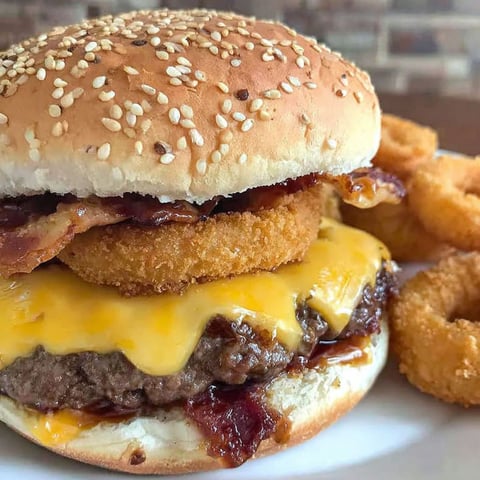 A cheeseburger with bacon and cheese on top.