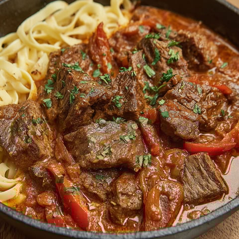 A bowl of beef stew with noodles.