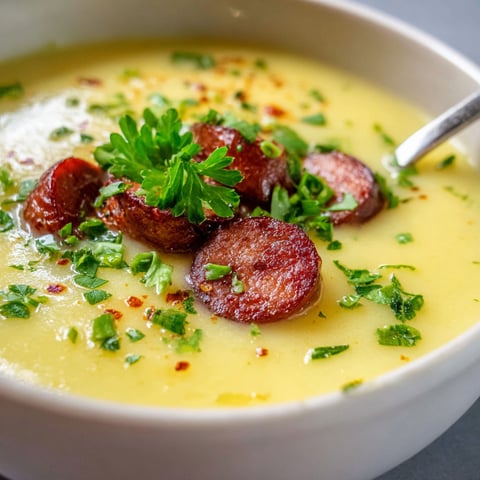 A bowl of soup with sausage and parsley.