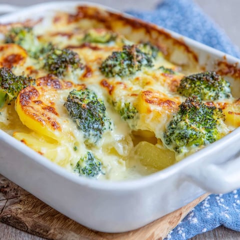 A dish of broccoli and potatoes with a white sauce.