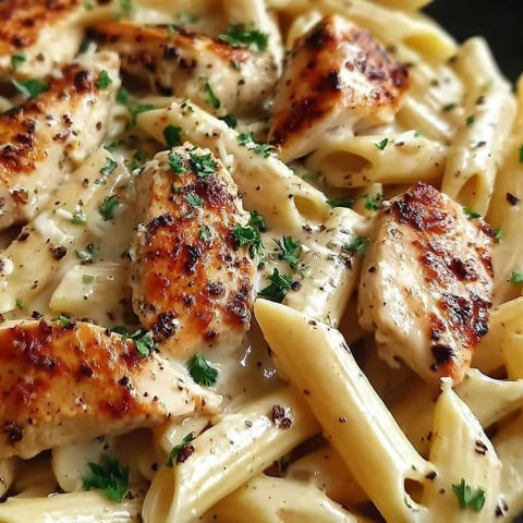 A plate of pasta with chicken and cheese.