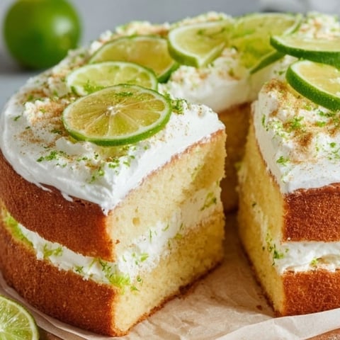 A slice of mojito-torta with lime slices on top.