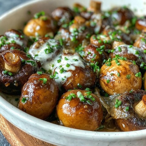 A bowl of mushrooms with white sauce.