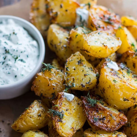 Griechische Ofenkartoffeln mit Joghurt-Feta-Dip.