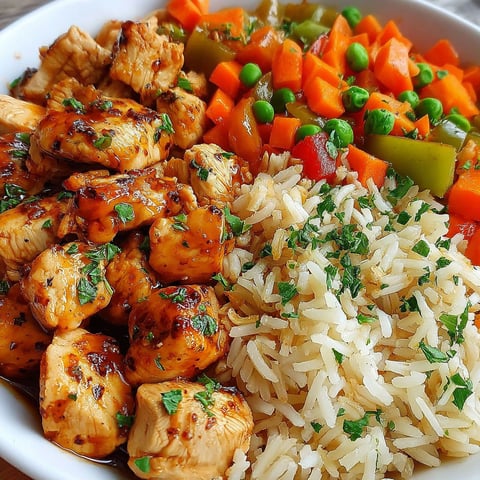 A bowl of rice, chicken, peas, and carrots.