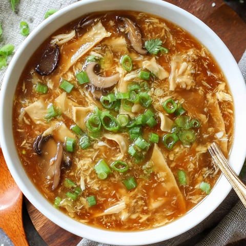 A bowl of soup with mushrooms and green onions.