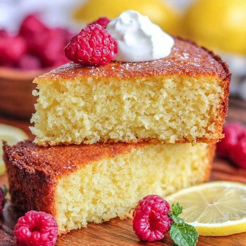A slice of olive oil cake with raspberries and whipped cream on top.
