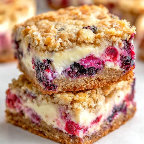 A stack of three berry oatmeal cheesecake cookie bars.