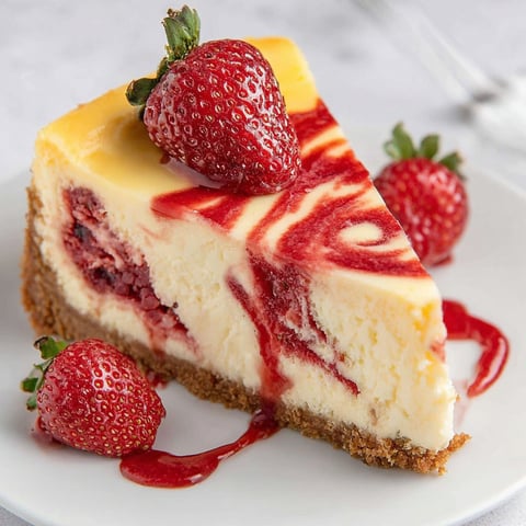 A slice of strawberry swirl cheesecake.