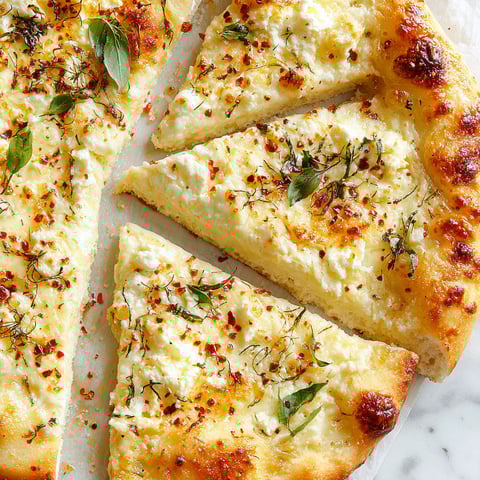 A slice of white pizza with cheese and herbs.