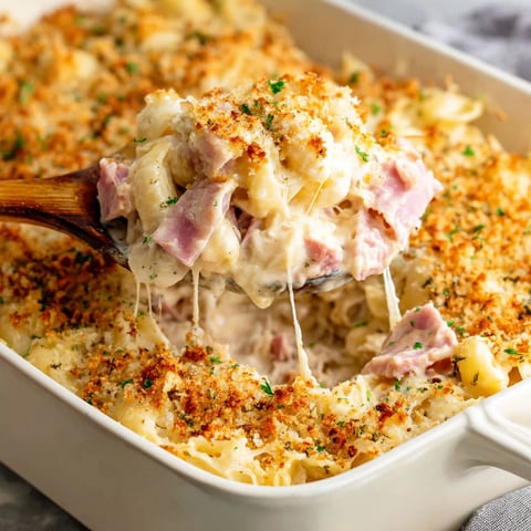 A close up of a chicken cordon bleu casserole.