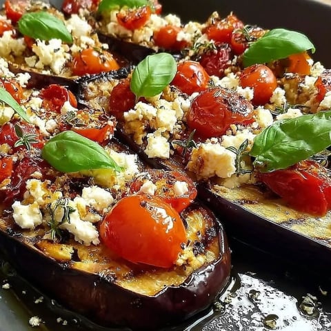 A plate of grilled eggplant with feta cheese and cherry tomatoes.