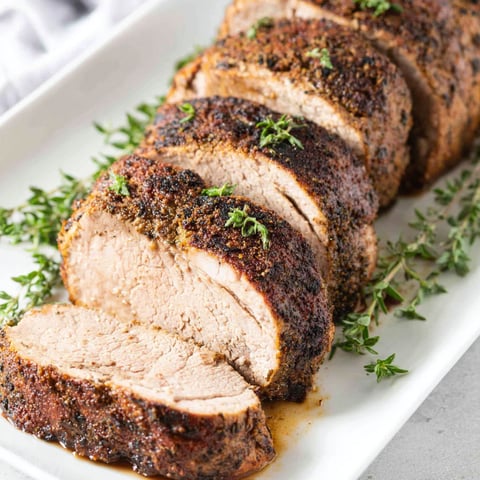 A plate of meat with herbs on it.