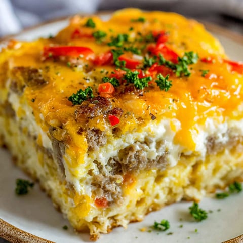 A breakfast sausage casserole with a green garnish.