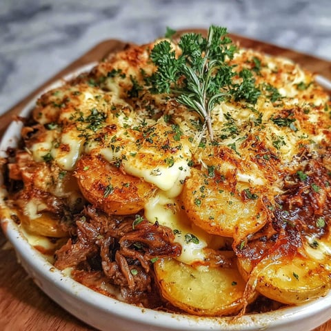 A bowl of food with a sprig of parsley on top.