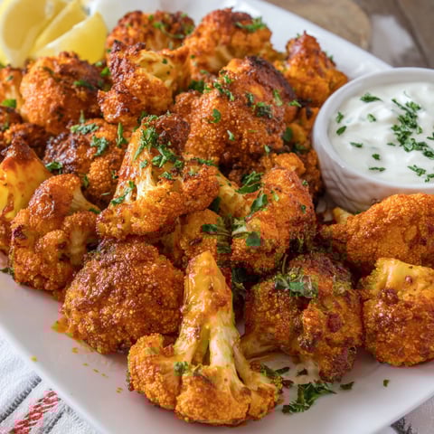 A plate of buffalo cauliflower with a bowl of ranch dressing.