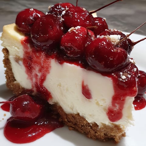 A slice of cherry cheesecake with cherries on top.