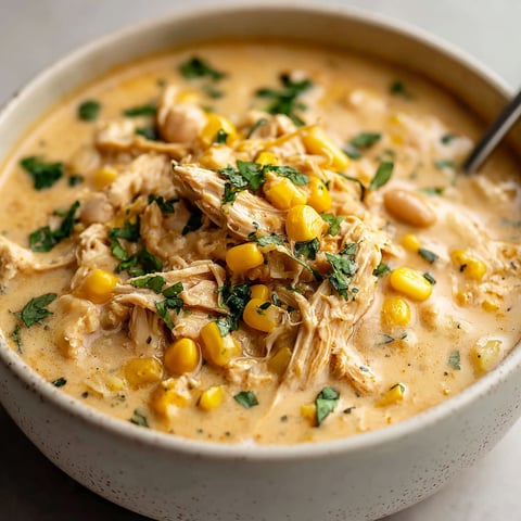 A bowl of chicken chili with corn and green onions.