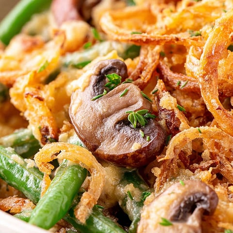 A close up of a creamy green bean casserole.