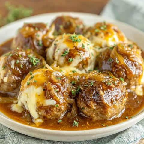 A plate of meatballs covered in cheese and onions.