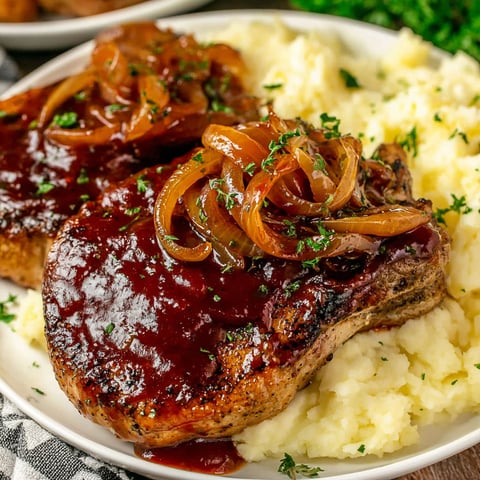 A plate of pork chops with onions and gravy.