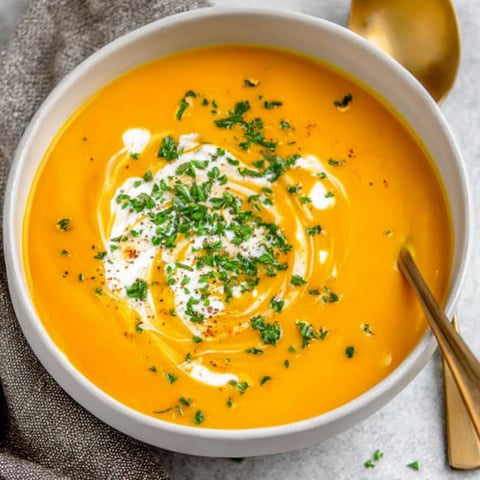 A bowl of soup with green herbs on top.