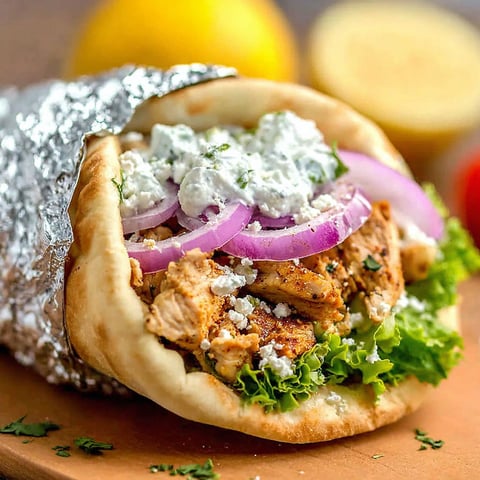 A homemade slow cooker chicken shawarma is served on a plate.