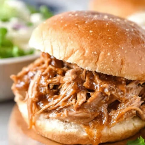 A close up of a pulled pork sandwich.