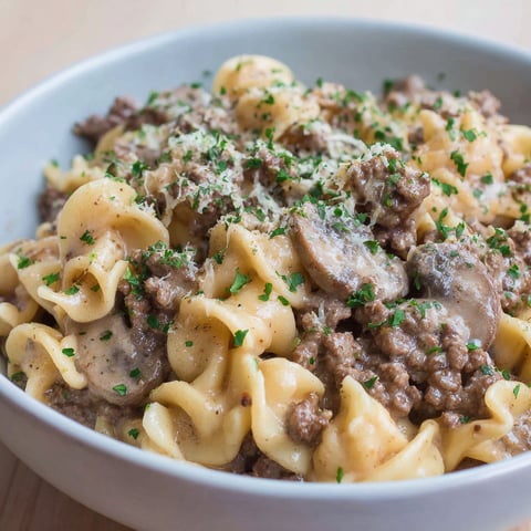 A bowl of beef stroganoff with noodles and mushrooms.