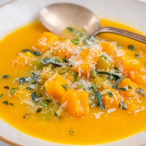 A bowl of soup with a spoon in it.