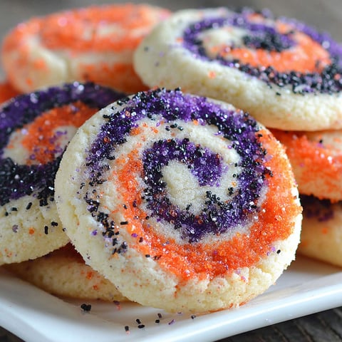 A plate of spiral cookies with orange and purple frosting.