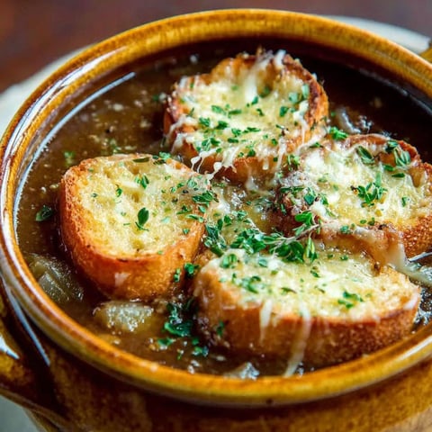 A bowl of French onion soup with bread.